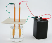 Set up an electrolysis experiment with two pencils and a battery